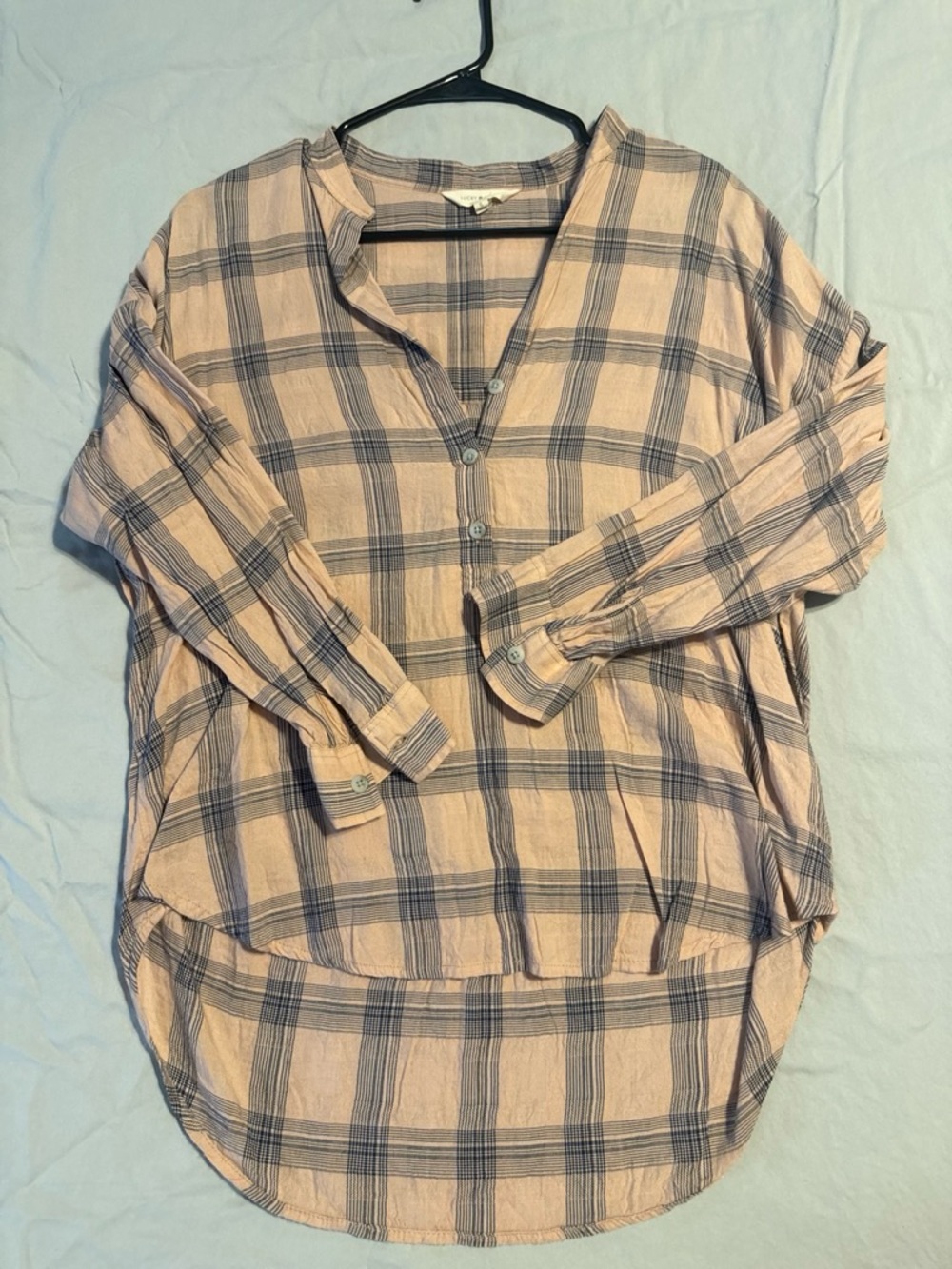 Lucky Brand Peach and Navy Plaid Button-Front Tunic Shirt